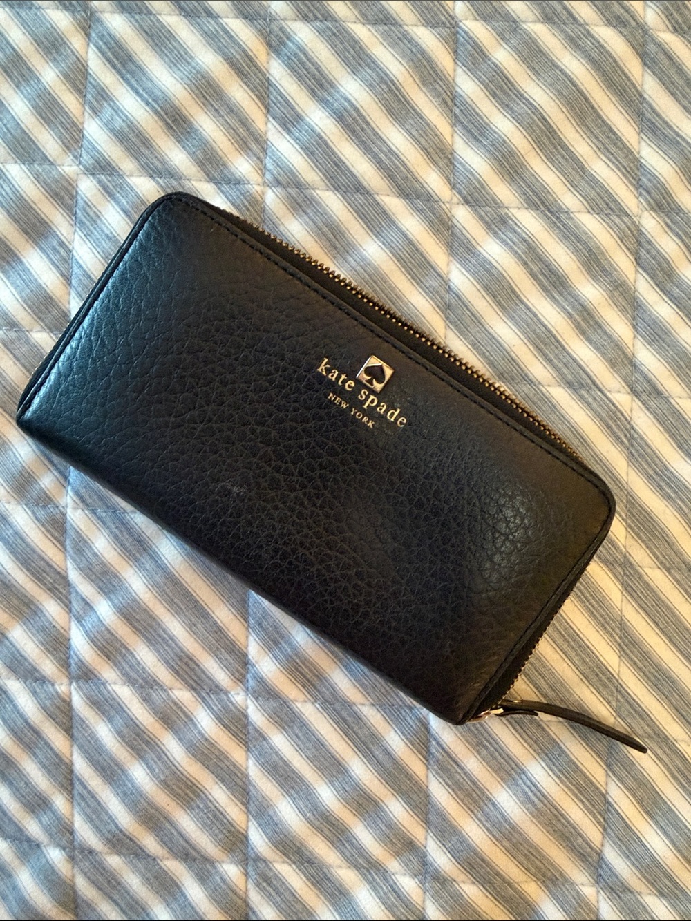 kate spade Black Pebbled Leather Zip-Around Wallet with Gold Logo